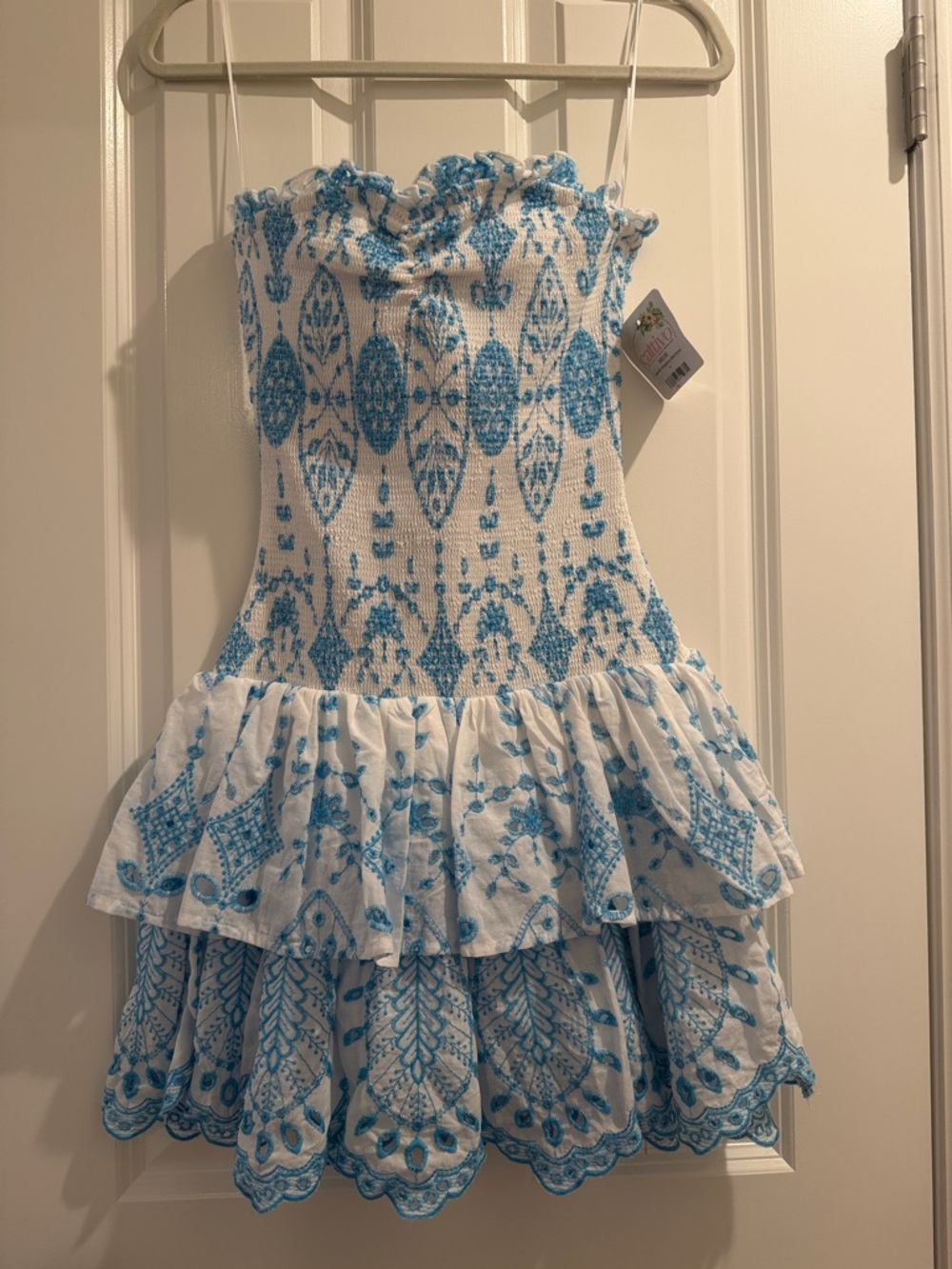 Blue & White Smocked Tiered Mini Dress - Women